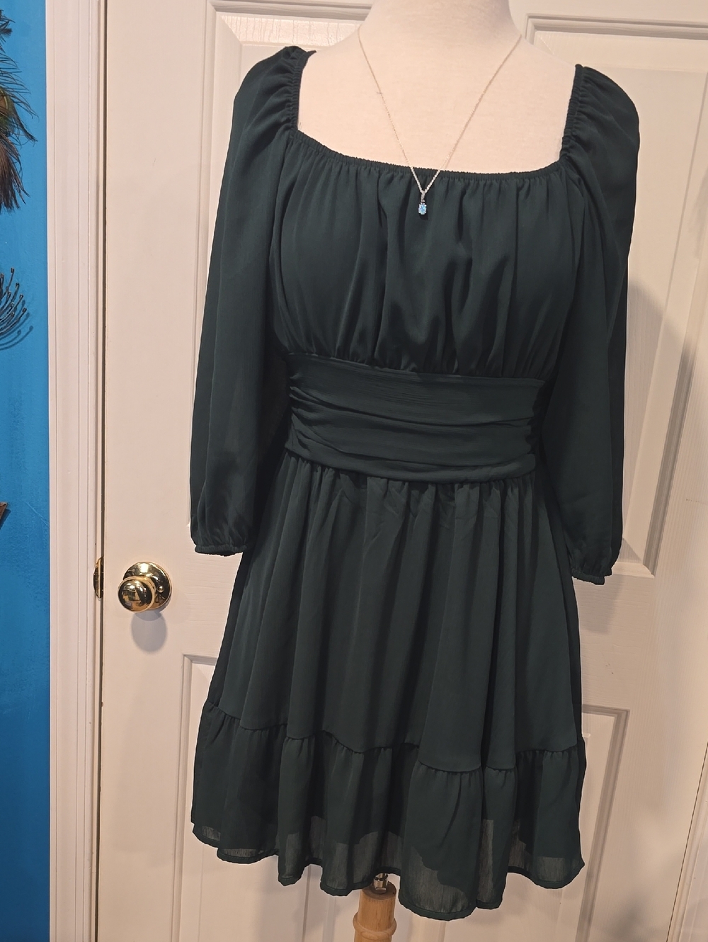 Women's Dark Green Smocked Waist Square Neck Dress